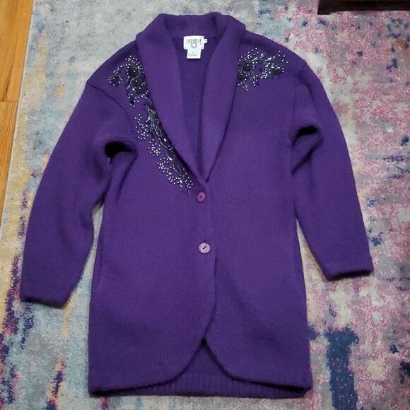 Vintage Cervlle Wool Cardogan Dister with Beading & Rose's in Purple Size M - Picture 11 of 15